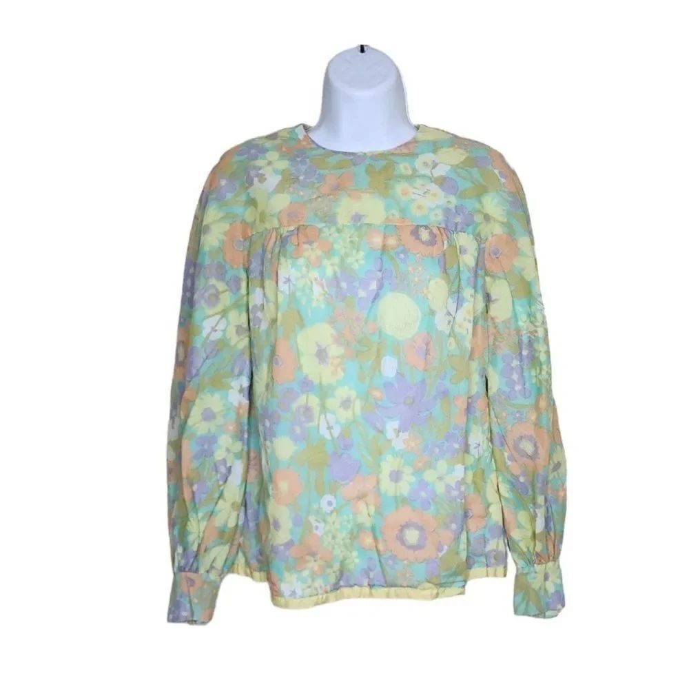 Vintage 1970s Blouse Top Shirt Womens Size Small Green Purple Groovy Flower Powe